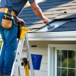 A person on a ladder, patching a hole in the roof with roofing cement and a trowel. A tool belt hangs from the ladder, and a bucket of shingles sits nearby