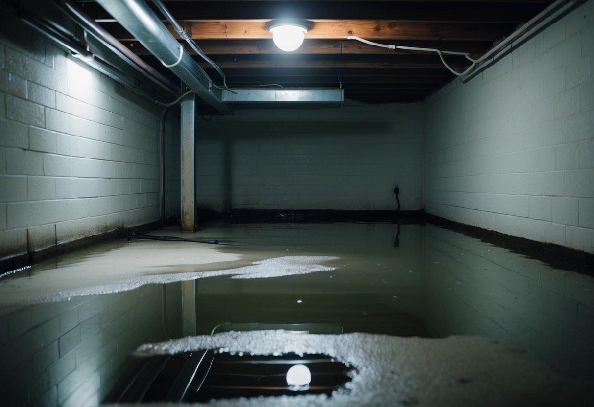 A dimly lit basement with water stains on the walls and a musty odor. Puddles of water collect in certain areas, indicating potential moisture issues