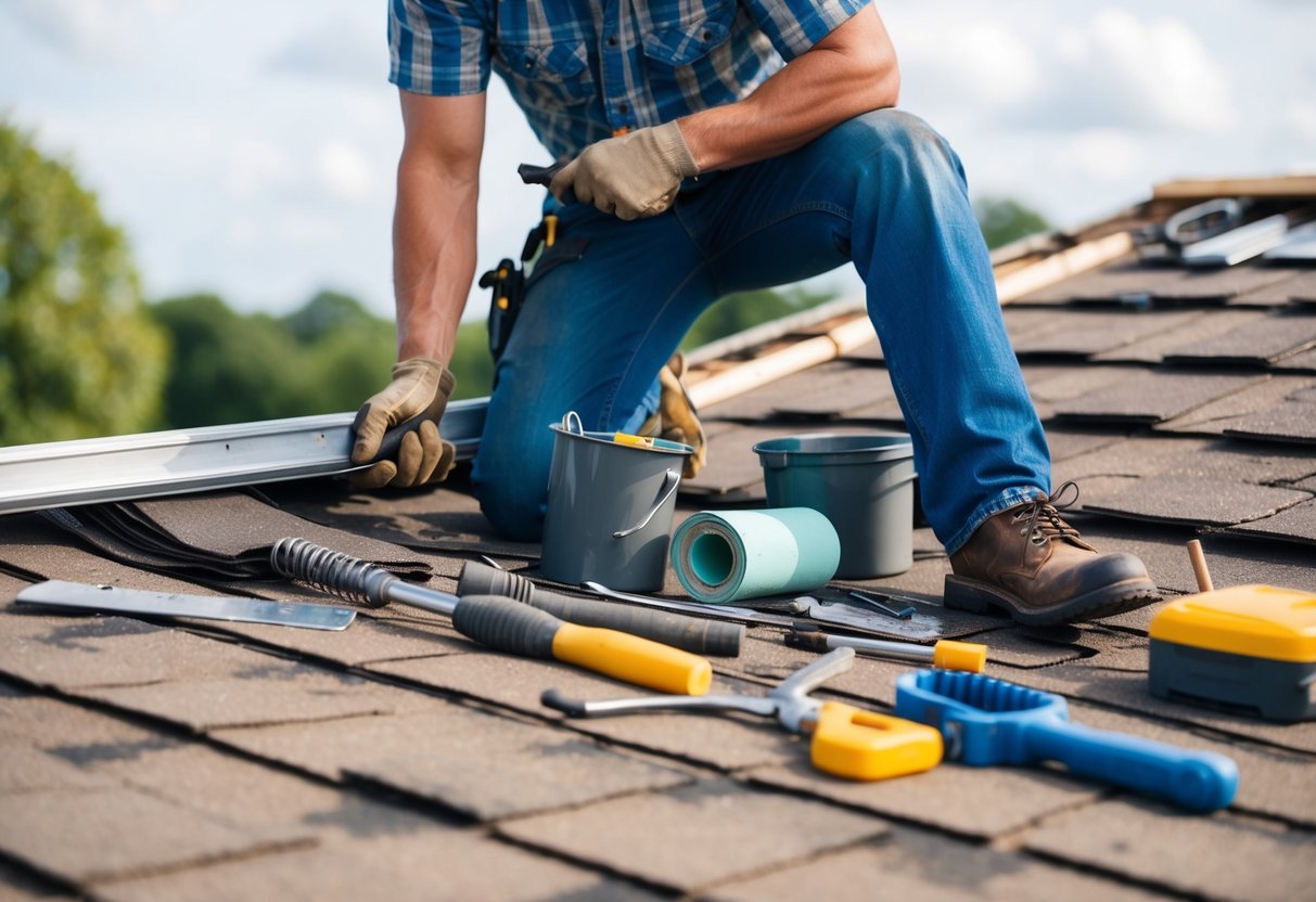 A person repairing a roof with various tools and materials spread out around them. The roof is shown in need of repair, with visible damage and wear