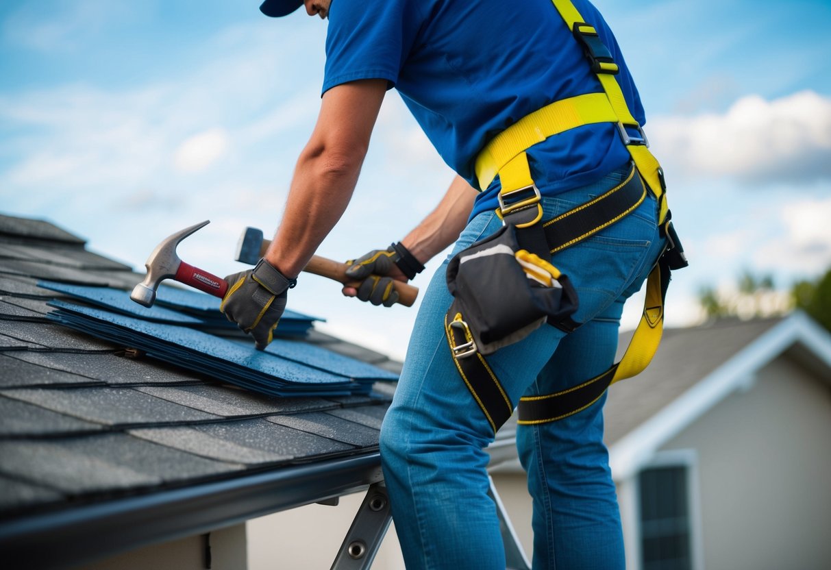 A person on a ladder with a hammer, nails, shingles, and a safety harness repairing a roof