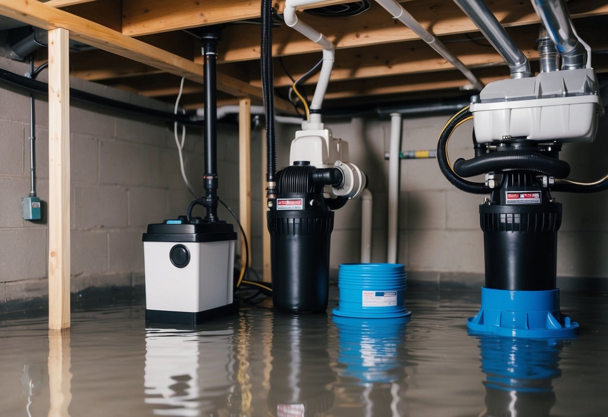A basement with sump pumps and backup systems installed, featuring waterproofing materials and a cozy, dry atmosphere for a DIY makeover