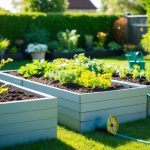 A sunny backyard with raised garden beds, filled with rich soil and thriving plants. A hose and gardening tools are nearby, ready for use