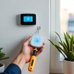 A hand holding a screwdriver installs a smart thermostat on a wall next to a digital control panel and a potted plant