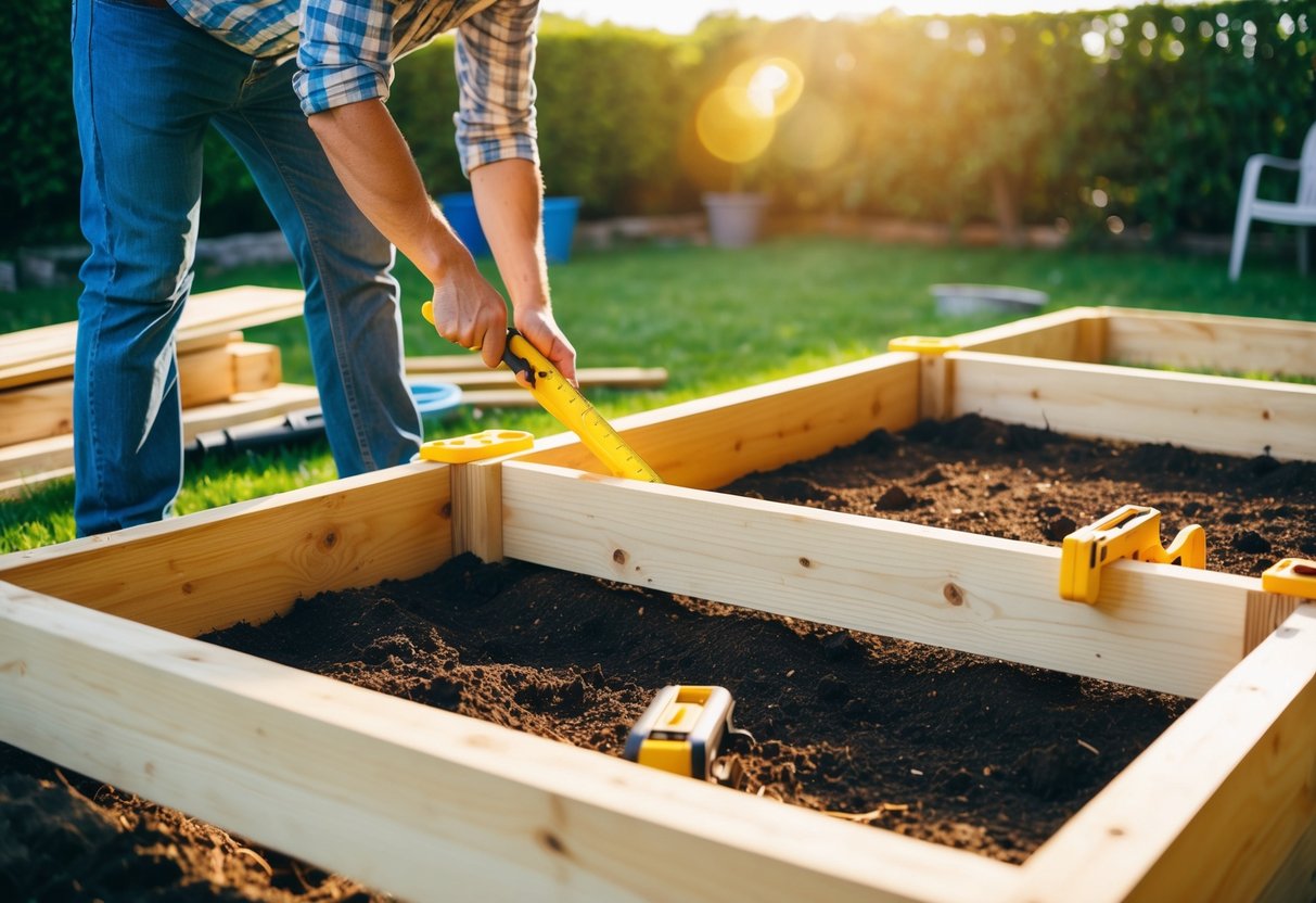 A sunny backyard with a variety of tools, lumber, and soil. A person is constructing raised garden beds, measuring, sawing, and assembling the wooden frames