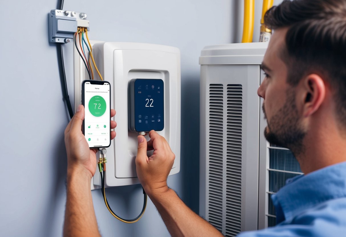 A technician installs a smart thermostat on a wall next to an HVAC unit, adjusting wires and connecting it to a smartphone app for energy-efficient control
