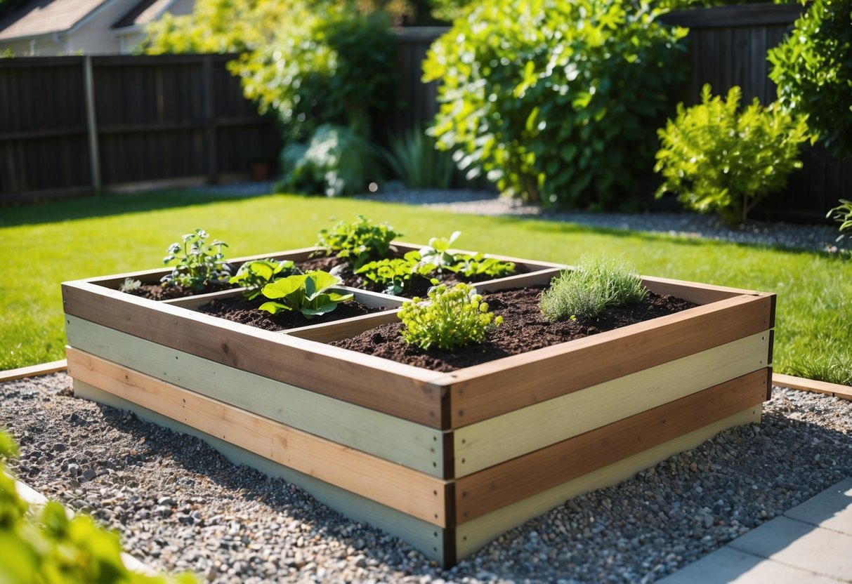 A raised garden bed being built with layers of soil, gravel, and wood, surrounded by lush greenery and a sunny backyard