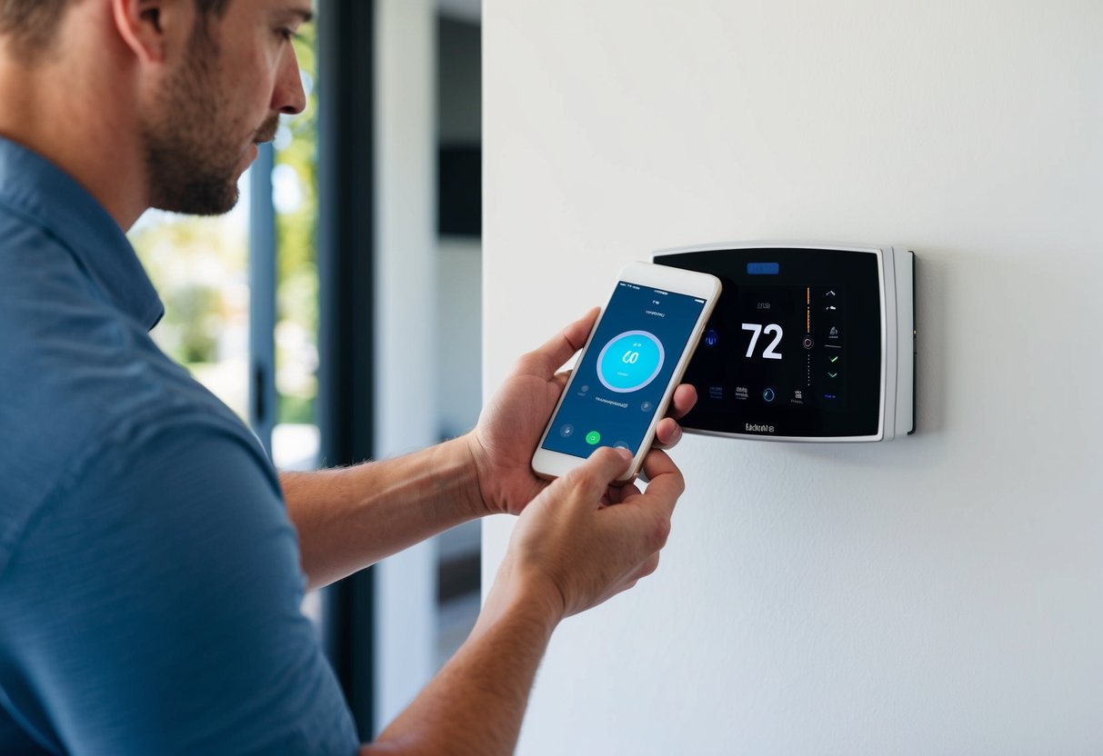 A smart thermostat being installed in a modern home, with the homeowner adjusting settings on a smartphone while the device is being mounted on the wall