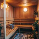 A cozy wooden sauna room with a bench, rocks, and a bucket of water, surrounded by plants and soft lighting for relaxation and health benefits