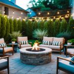 A cozy backyard with a stone fire pit surrounded by comfortable seating, twinkling string lights, and lush greenery
