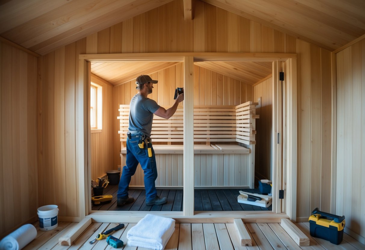 A person constructing a sauna inside a wooden home, with tools and materials scattered around. The sauna is being built with careful attention to detail and functionality
