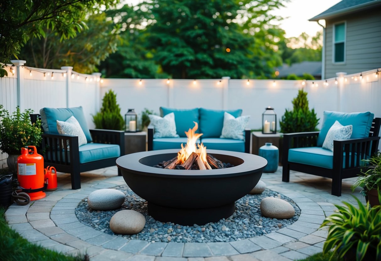 A backyard with a DIY fire pit surrounded by seating, decorative stones, and safety equipment. Lush greenery and warm lighting add to the cozy atmosphere