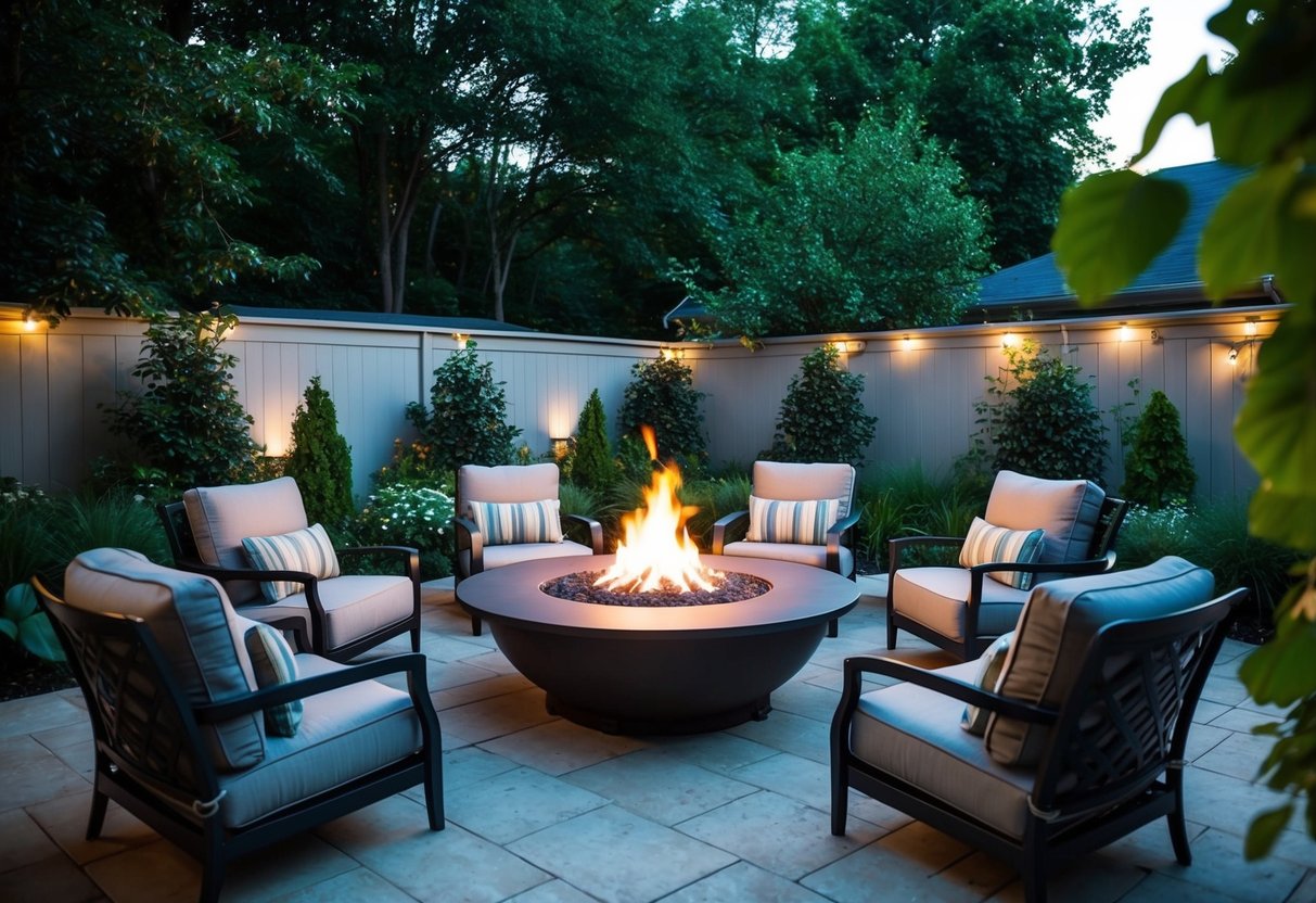 A backyard with a circular fire pit surrounded by comfortable seating, surrounded by lush greenery and softly glowing with a warm fire