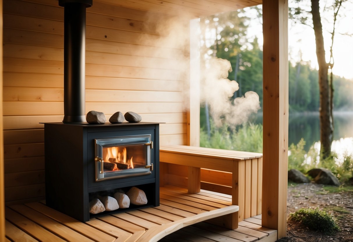 A cozy wooden sauna room with a bench, rocks on a stove, and steam rising, surrounded by a serene natural setting