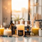 A table with assorted candle making supplies, including wax, fragrance oils, wicks, and decorative containers, arranged in an organized and inviting manner