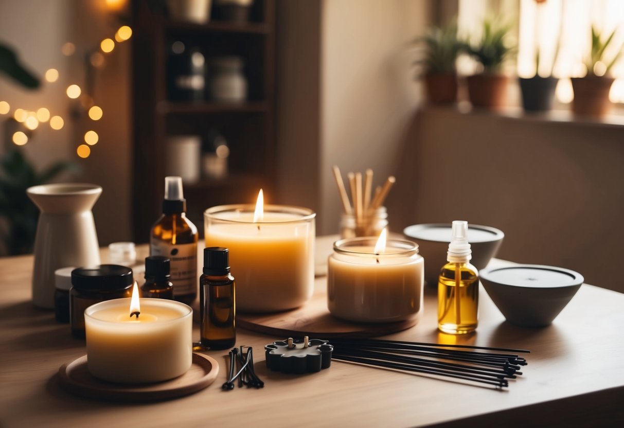 A table set with various candle making supplies, including wax, fragrance oils, wicks, and molds. A warm, inviting atmosphere with soft lighting and a cozy workspace