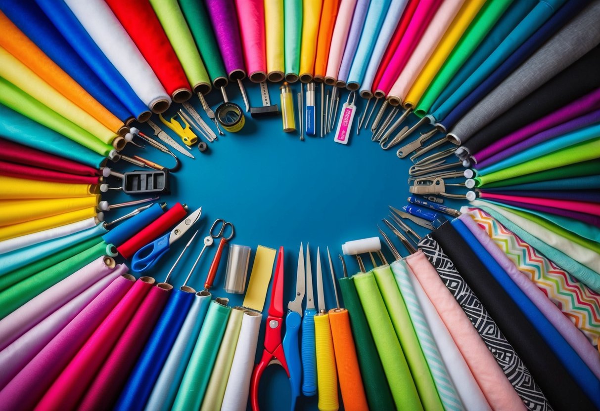 A table with a variety of colorful fabrics, sewing supplies, and crafting tools laid out, ready for use in creating DIY cosplay costumes