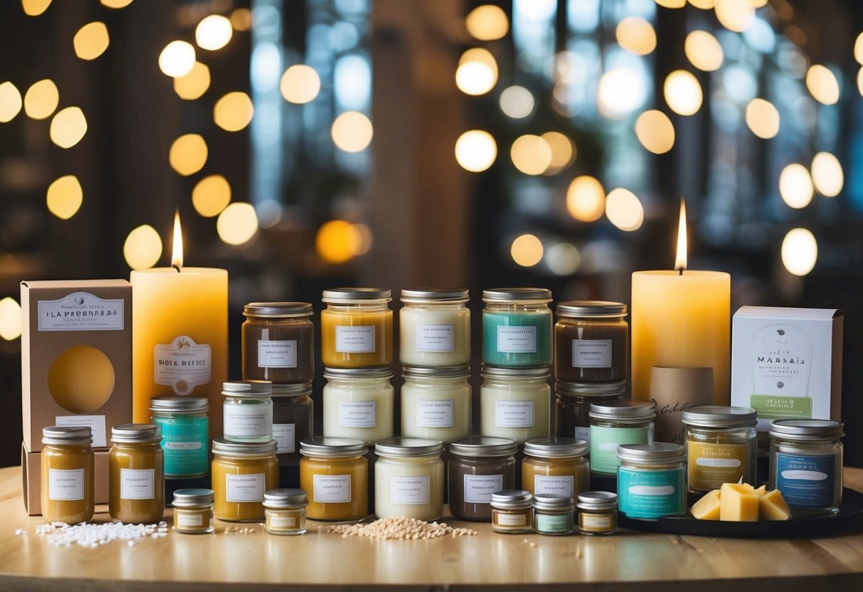 A table with various candle making kits, jars, and scents arranged in an organized and aesthetically pleasing manner, with different themes and styles displayed