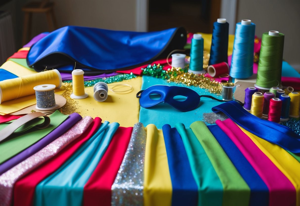 A table covered in colorful fabric, spools of thread, glitter, and various craft supplies. A cape, mask, and belt lay ready for assembly