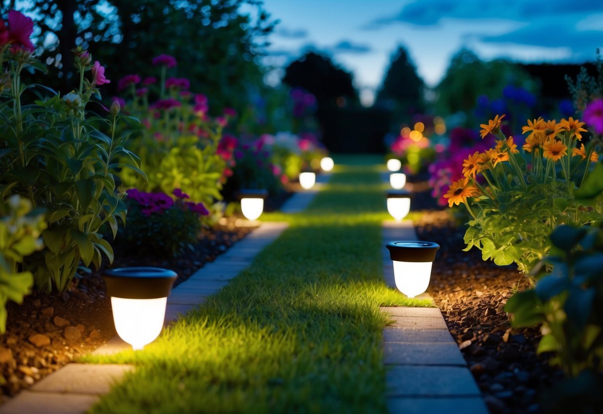 A garden at dusk, filled with solar-powered lights illuminating the pathways and highlighting the vibrant colors of the flowers and plants