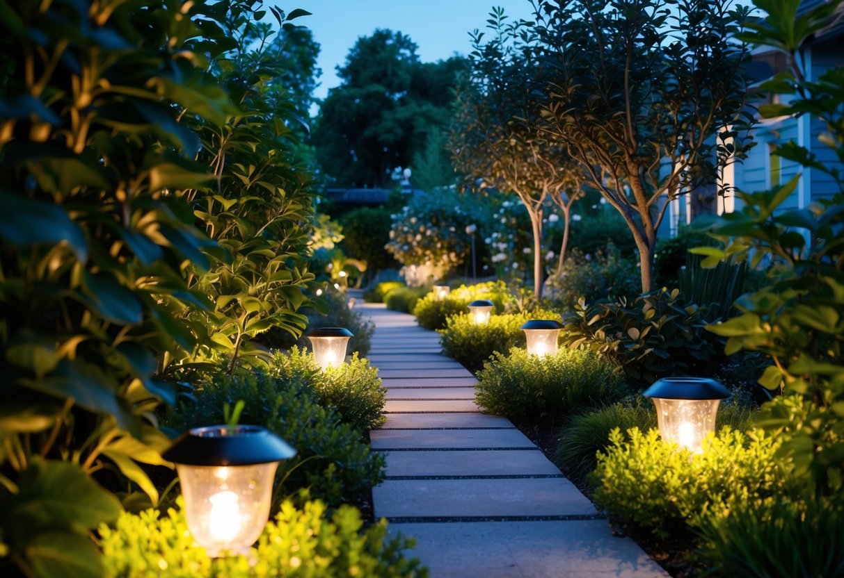 A lush garden at dusk, filled with solar lights casting a warm glow on the foliage and pathways, creating a serene and energy-efficient ambiance