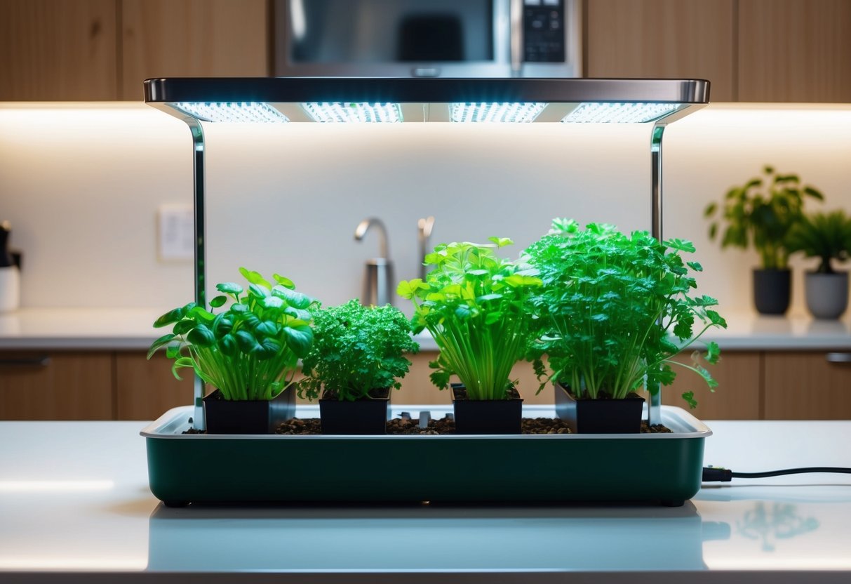 A modern kitchen counter with a sleek hydroponic garden kit filled with vibrant green herbs growing under LED lights
