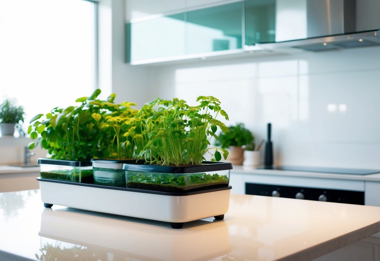 A bright, modern kitchen with a sleek hydroponic garden kit on the counter, filled with vibrant green herbs growing in nutrient-rich water