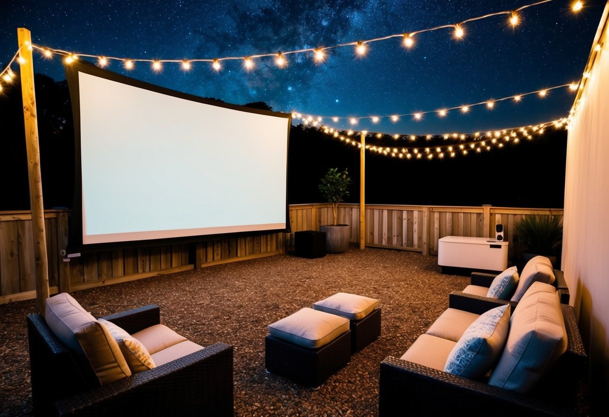 A cozy outdoor movie theater with a large screen, string lights, comfortable seating, and a projector set up under the starry night sky