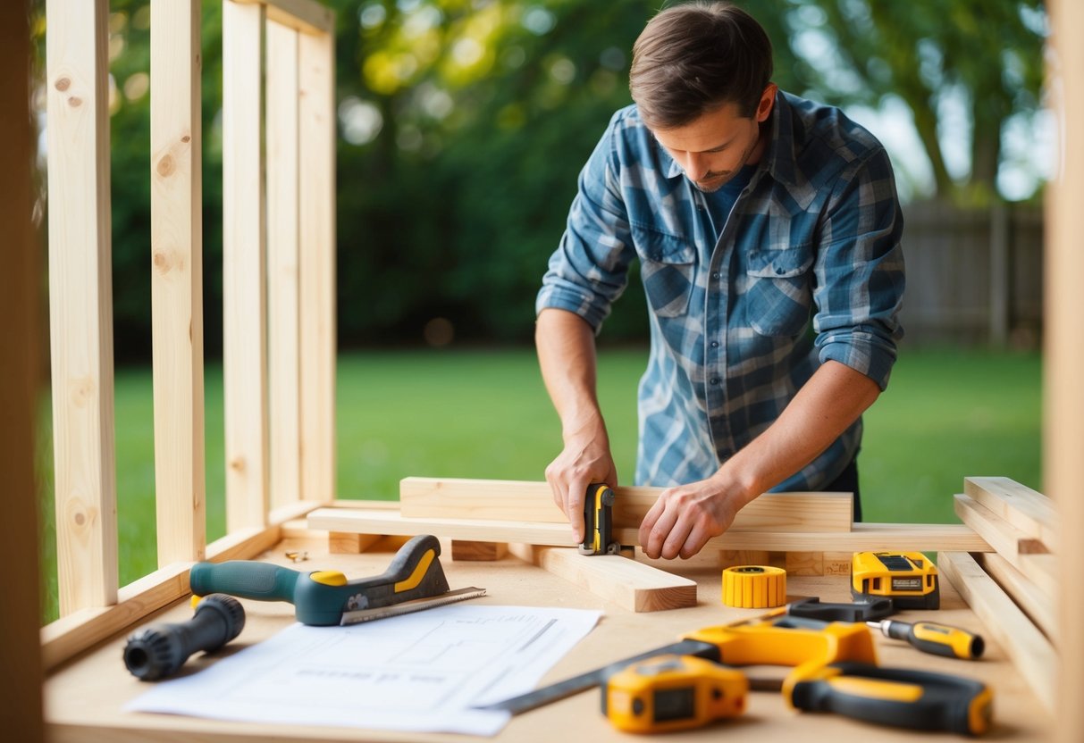 A person measures, saws, and assembles wood to construct a backyard shed. Various tools and building plans are laid out on a workbench