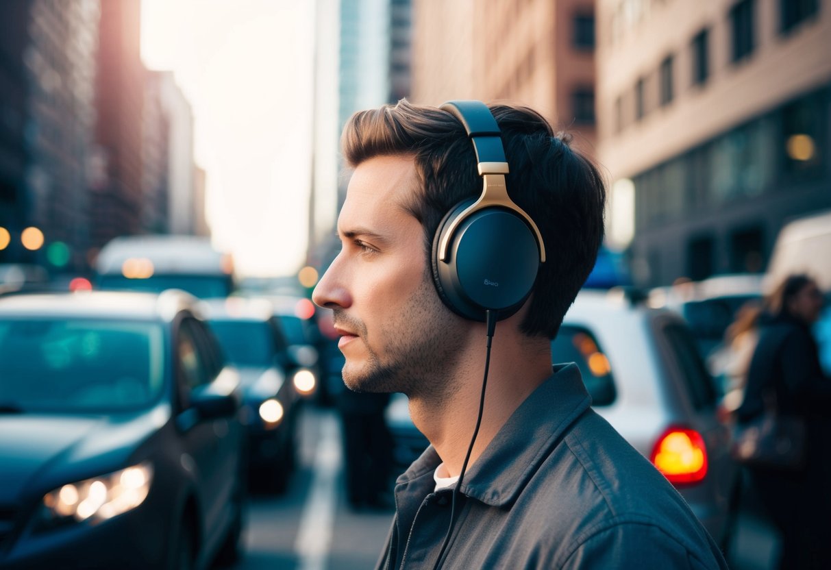 A person wearing noise-canceling headphones while surrounded by various sound sources, such as traffic, music, and chatter