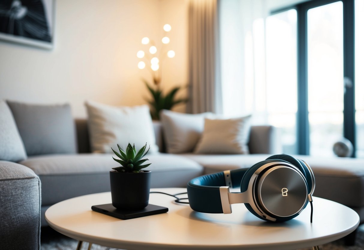 A cozy, modern living room with plush seating and sleek, high-end headphones on a table. Soft lighting and a clean, minimalist aesthetic create a sense of luxury and comfort