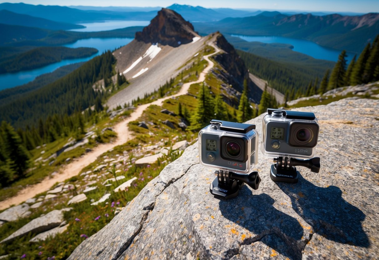 A rugged mountain peak with a winding trail, overlooking a vast, scenic landscape of forests and lakes. Two action cameras are mounted on a nearby rock, capturing the breathtaking view