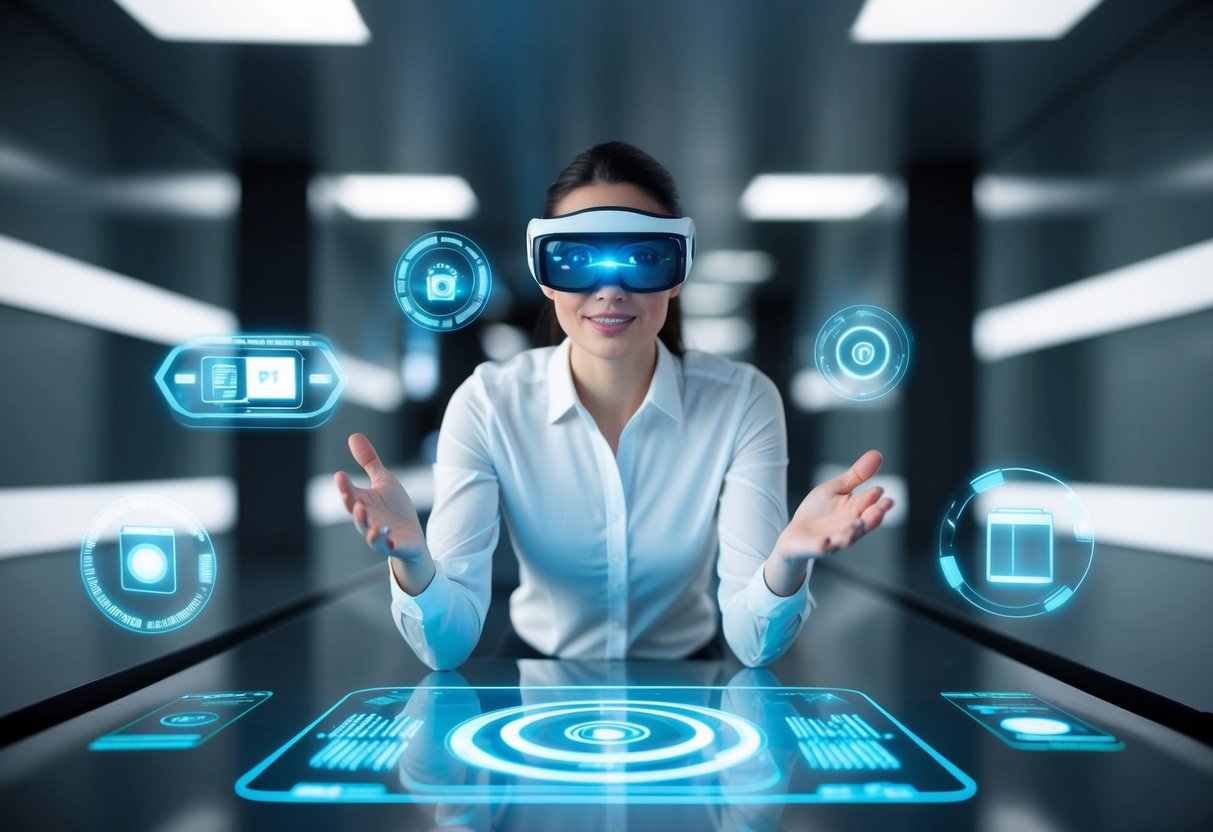 A person wearing AR glasses, surrounded by futuristic technology and holographic displays, interacting with virtual objects in a modern, sleek environment