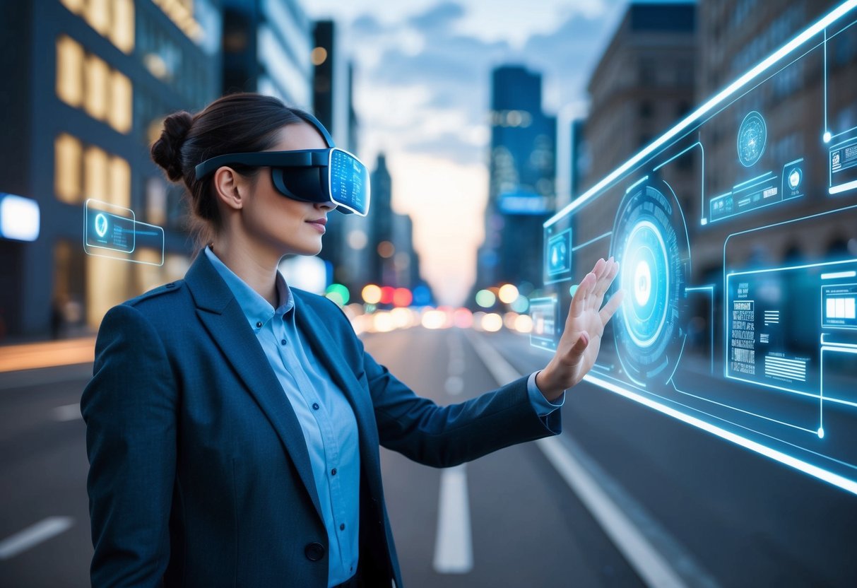 A person wearing AR glasses interacts with virtual objects in a futuristic cityscape, with holographic displays and digital information overlaid on buildings and streets