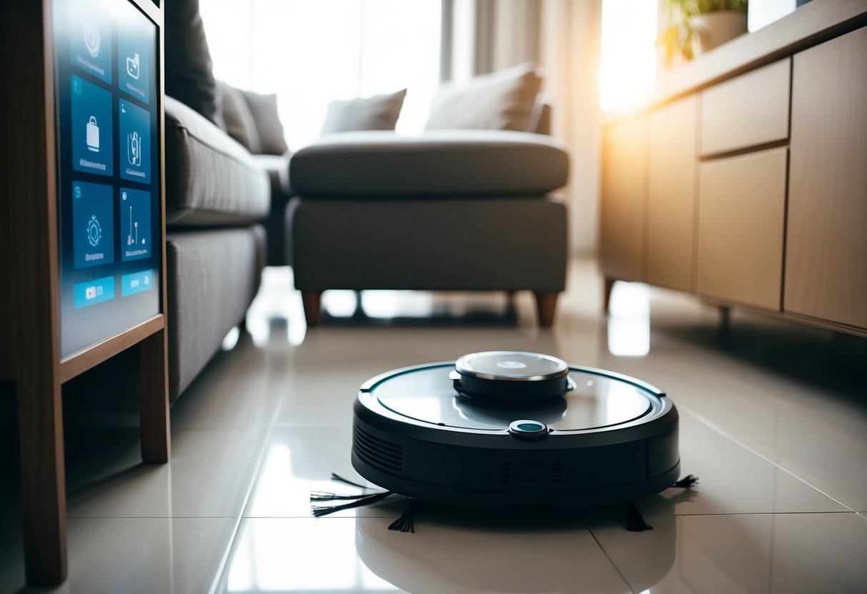 A robot vacuum navigating around furniture, with a display of various features and settings on a control panel
