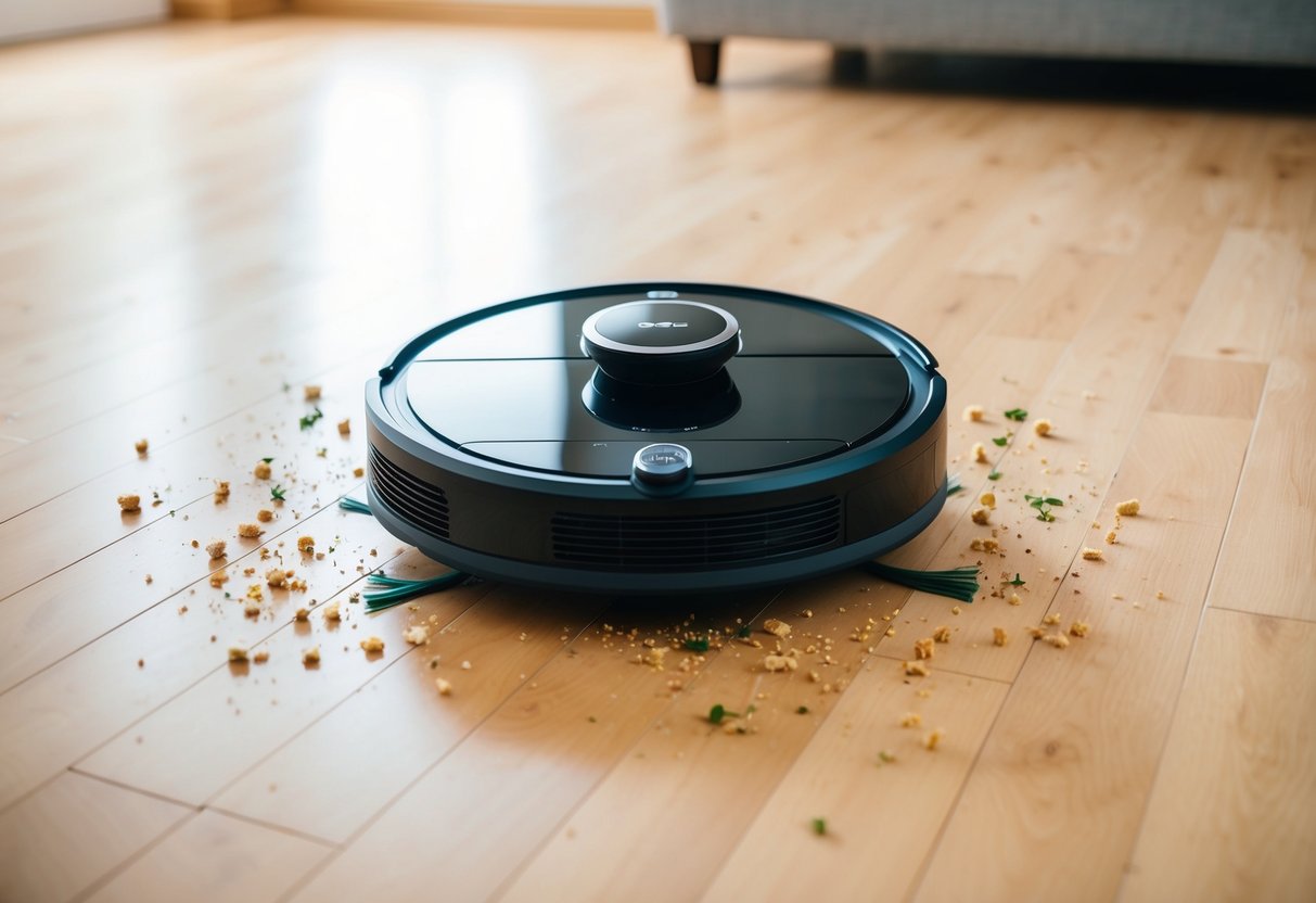 A sleek, modern robot vacuum sits on a clean, hardwood floor, surrounded by scattered crumbs and debris. Its sensors are active as it navigates efficiently around the room