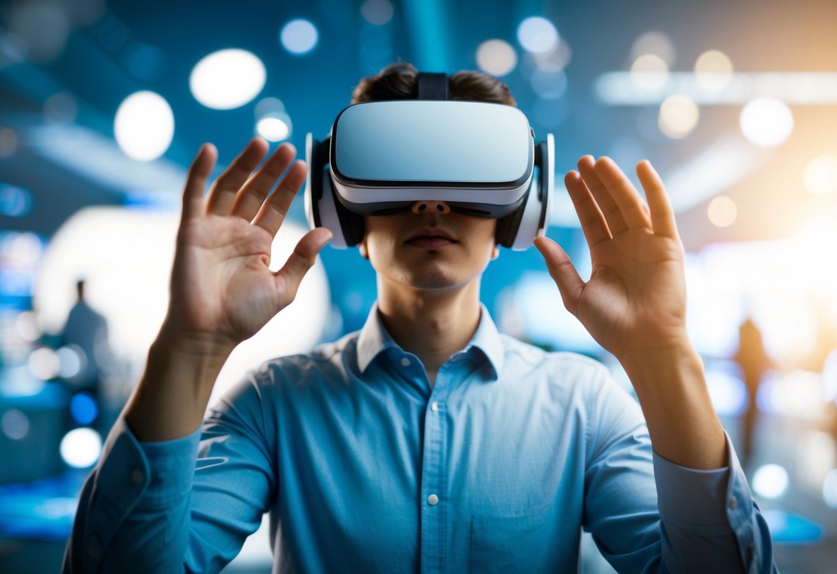 A person wearing a VR headset, surrounded by futuristic technology and immersed in a virtual world