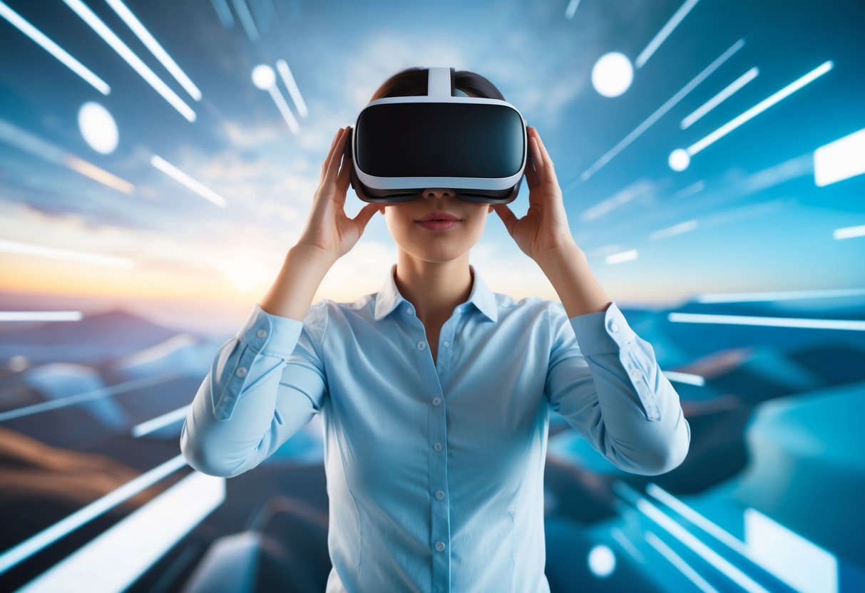 A person wearing a VR headset, surrounded by a virtual world with futuristic landscapes and immersive experiences