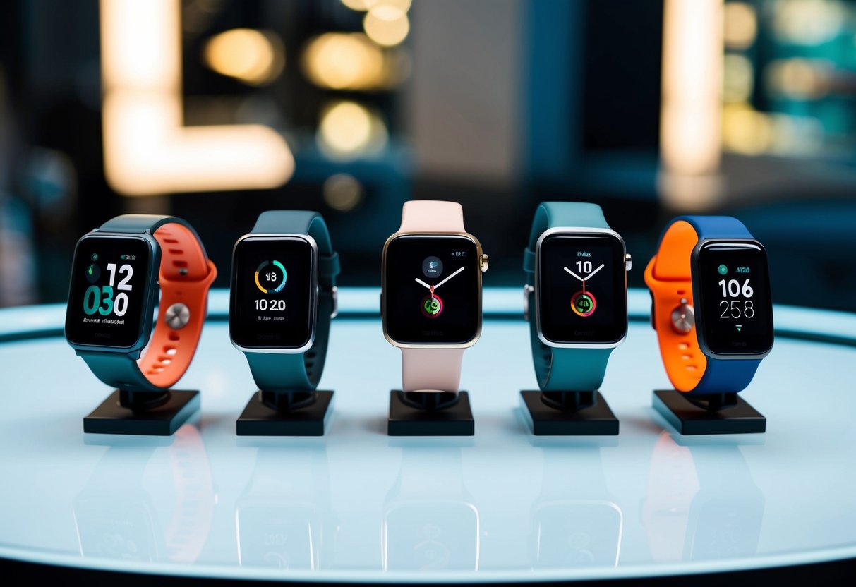 A diverse collection of smartwatches and fitness trackers arranged on a sleek, modern display. Each device features a variety of health monitoring features