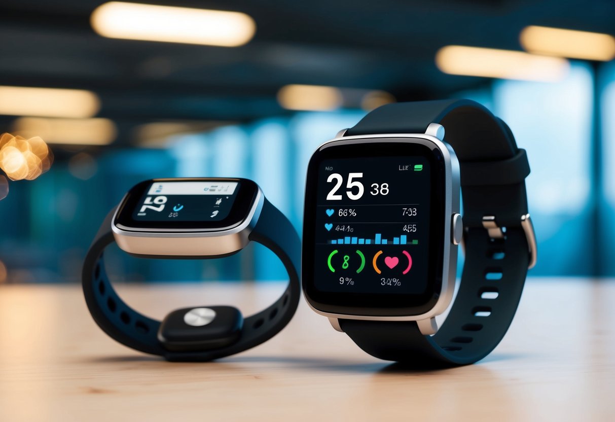 A smart wearable health device displaying fitness data with heart rate, steps, and calories burned, alongside a sleek and modern design