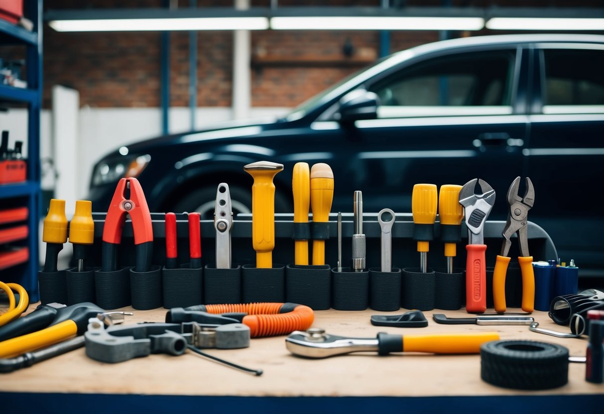 A well-organized workbench with various car maintenance tools neatly arranged and ready for use