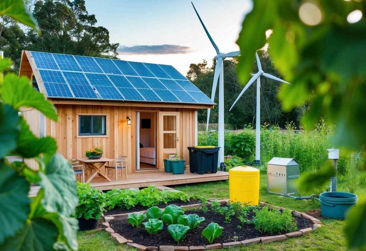 A cozy off-grid cabin surrounded by solar panels, wind turbines, and a vegetable garden, with a compost bin and rainwater collection system