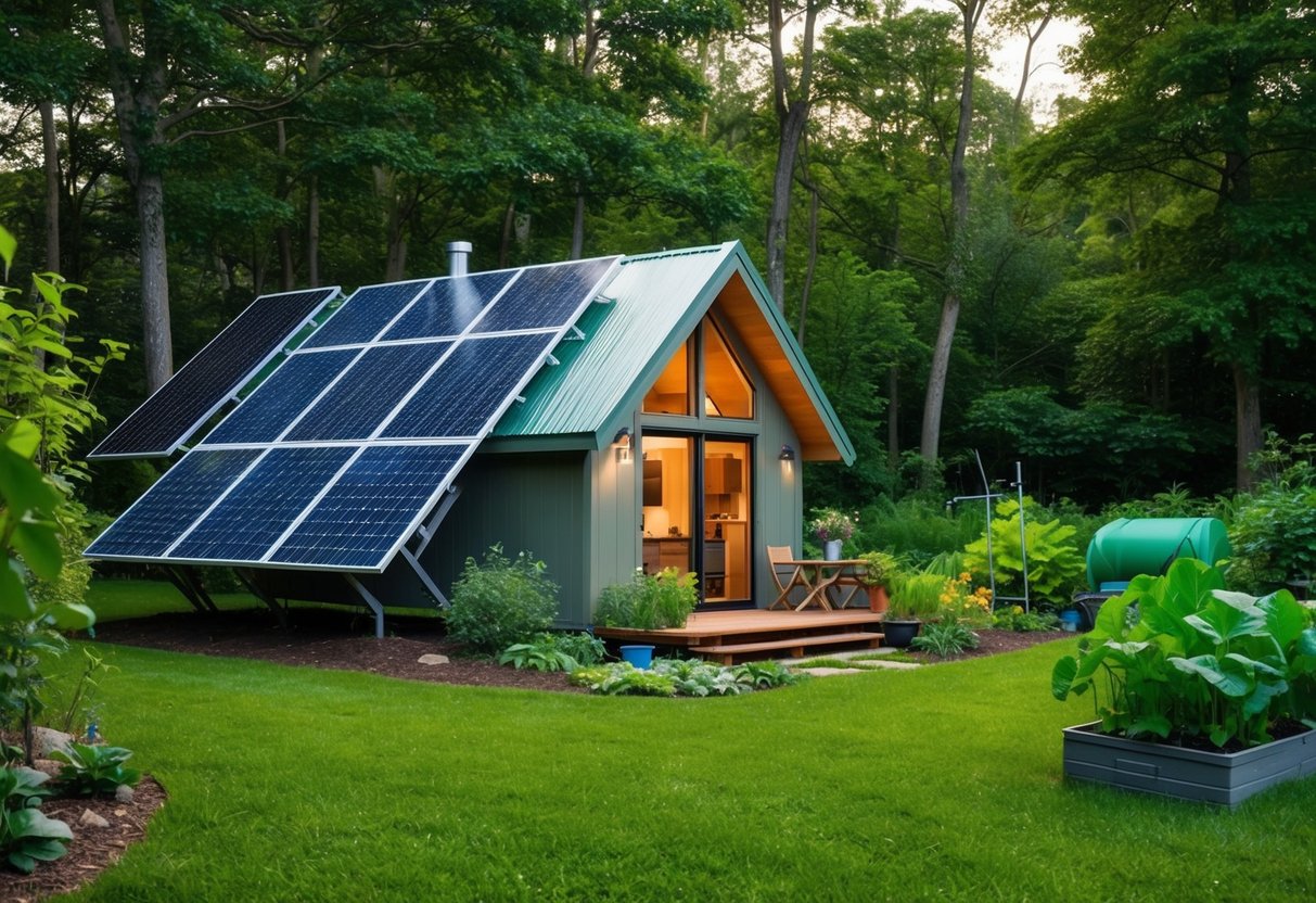 A cozy off-grid cabin nestled in a lush, green forest, surrounded by solar panels, a rainwater collection system, and a thriving vegetable garden