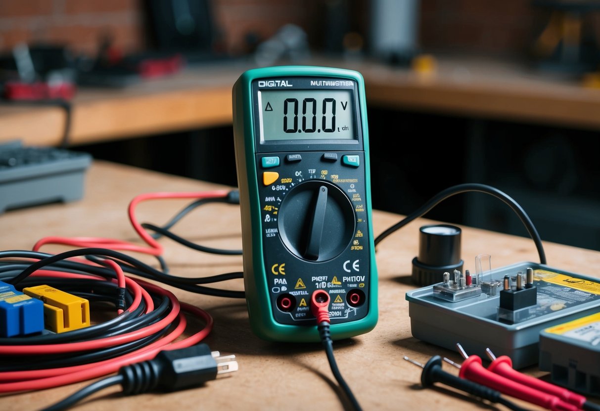 A digital multimeter sitting on a workbench, with various electrical components and wires scattered around it. The multimeter's screen displays accurate and reliable readings, while the sleek, tech-savvy design is evident