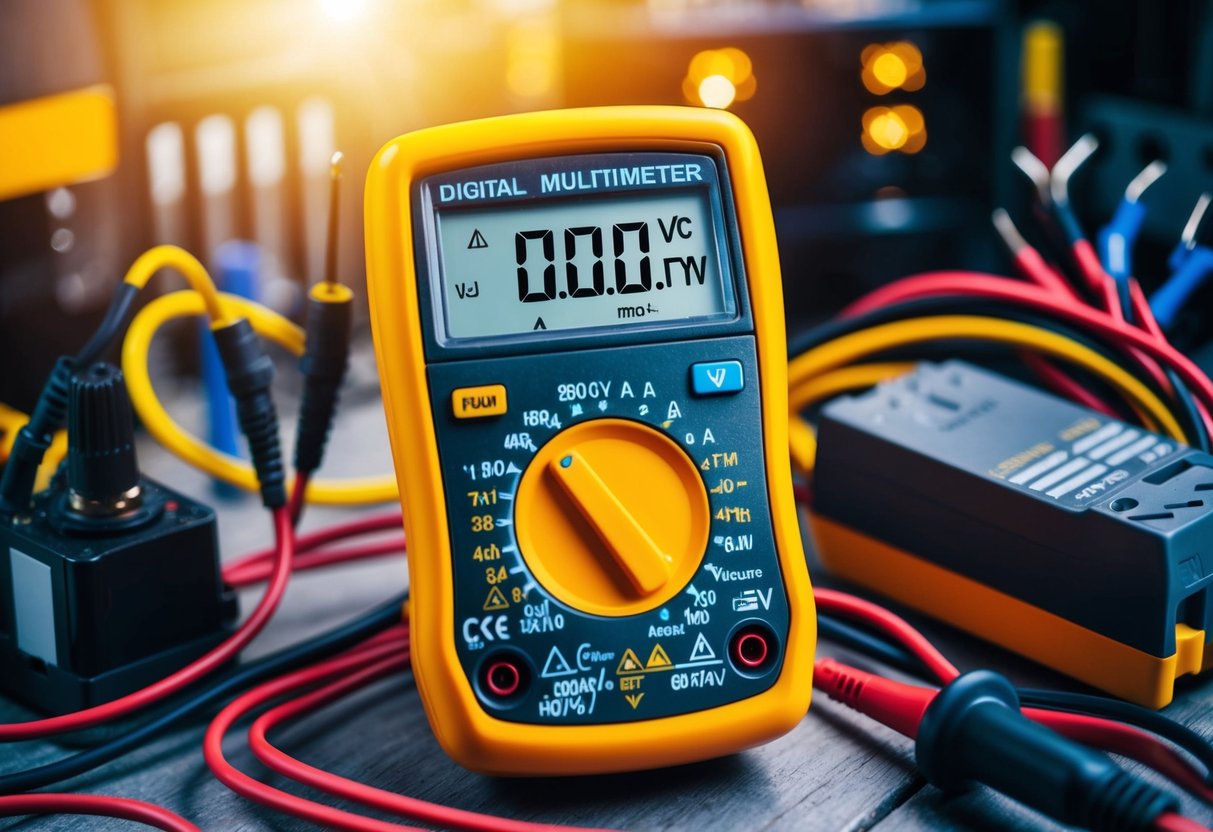 A digital multimeter with a bright, clear display, surrounded by various electrical components and wires. The multimeter is shown accurately measuring voltage and current with precision
