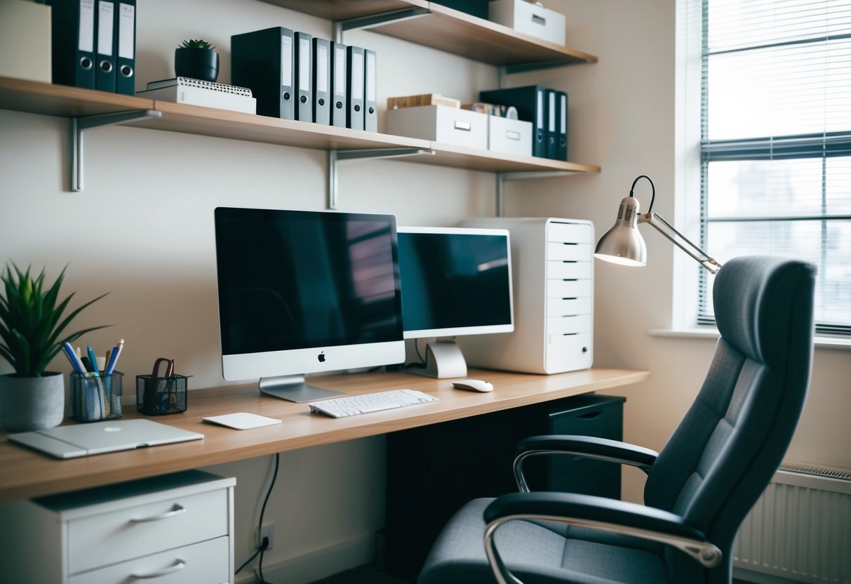 A clutter-free desk with a computer, monitor, keyboard, and mouse. Shelves with neatly organized office supplies. A comfortable chair and good lighting