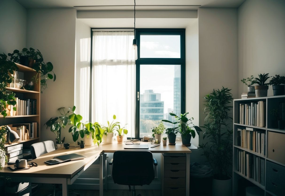 A cluttered room with a desk, chair, bookshelf, and plants. Sunlight filters through the window onto the organized workspace