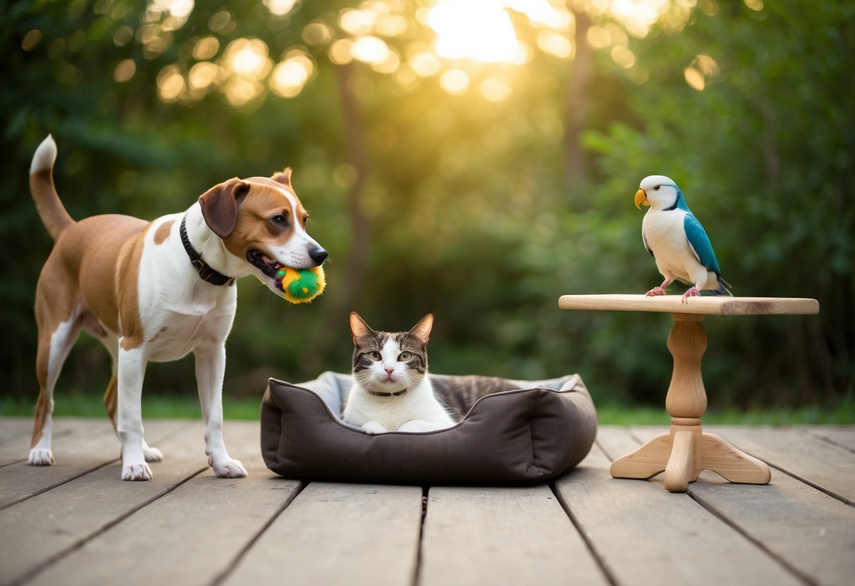 A dog playing with a homemade toy while a cat lounges in a DIY pet bed next to a bird perched on a handcrafted wooden stand