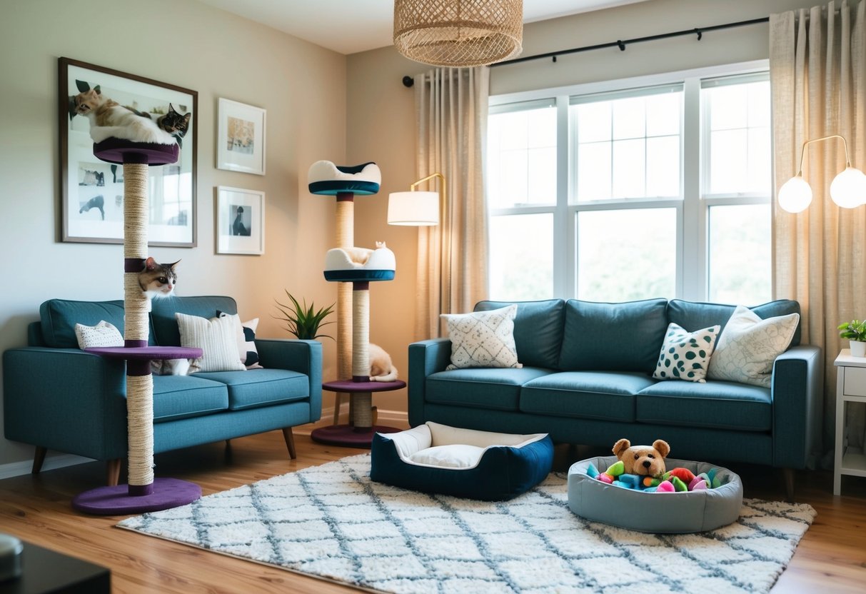 A cozy living room with pet-friendly DIY projects: a handmade cat tree, a comfy dog bed, and a playful toy storage area